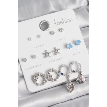 Pirinç Gümüş Renk İncli Zirkon Taşlı Halka Figür Yıldız Detay 7 Çift Kadın Küpe Seti