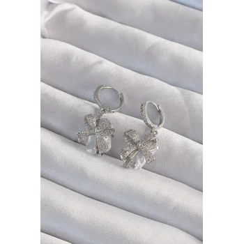 Pirinç Gümüş Renk İri Zirkon Taşlı Fiyonk Model Halka Küpe