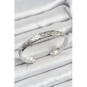 Pirinç Gümüş Renk İşlemeli Altı Açık Bileklik