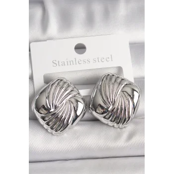 Pirinç Gümüş Renk İşlemeli Kare Model Kadın Küpe