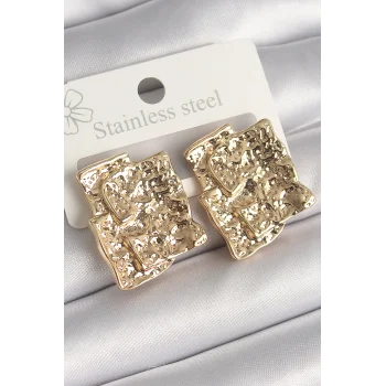 Pirinç Gümüş Renk İşlemeli Kare Plaka Model Kadın Küpe