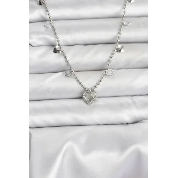 Pirinç Gümüş Renk Kalp Model Kadın Kolye