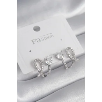 Pirinç Gümüş Renk Kalp Model Zirkon Taşlı Kadın Küpe