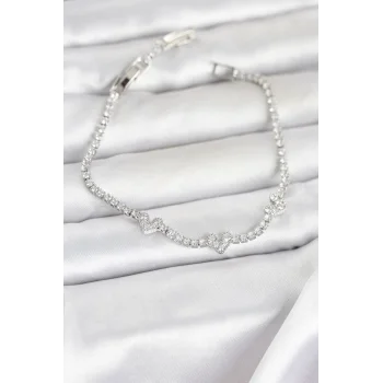 Pirinç Gümüş Renk Kalp Model Zirkon Taşlı Su Yolu Kadın Bileklik