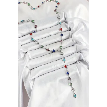 Pirinç Gümüş Renk Karışık Renk Zirkon Taşlı Kalpli Y Kadın Kolye