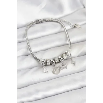 Pirinç Gümüş Renk Kelebek Charmlı Kadın Bileklik