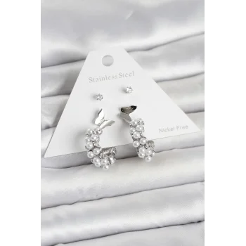 Pirinç Gümüş Renk Kelebek Detaylı Kadın Küpe Seti