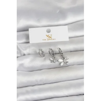 Pirinç Gümüş Renk Kelebek Model 3lü Kadın Küpe