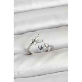 Pirinç Gümüş Renk Kelebek Model Kadın Yüzük