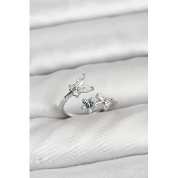 Pirinç Gümüş Renk Kelebek Model Kadın Yüzük