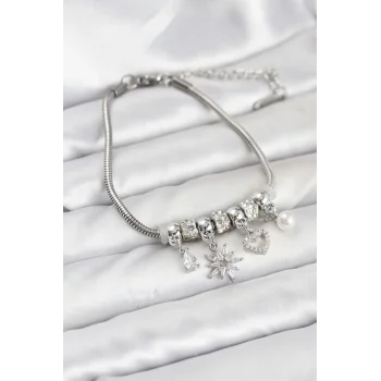 Pirinç Gümüş Renk Kutup Yıldızı ve Kalp Charmlı Kadın Bileklik