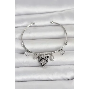 Pirinç Gümüş Renk Leopar Detaylı Charmlı Kadın Bileklik