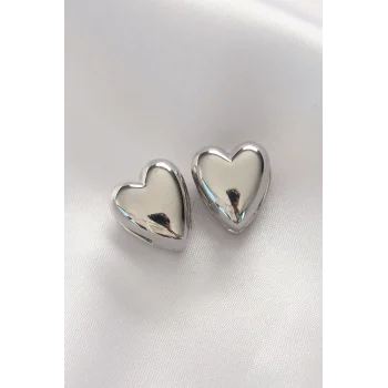 Pirinç Gümüş Renk Minimal Bombeli Kalp Küpe