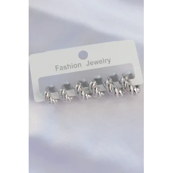 Pirinç Gümüş Renk Minimal Tırtıklı Küpe Seti