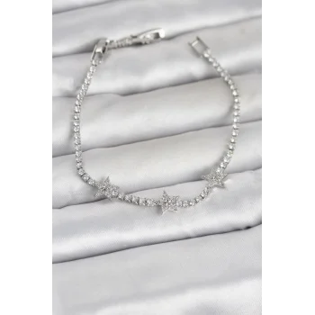 Pirinç Gümüş Renk Minimal Yıldız Model Zirkon Taşlı Su Yolu Kadın Bileklik