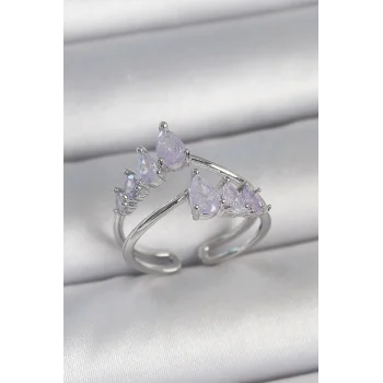 Pirinç Gümüş Renk Mor Damla Zirkon Taşlı Taç Model Kadın Yüzük