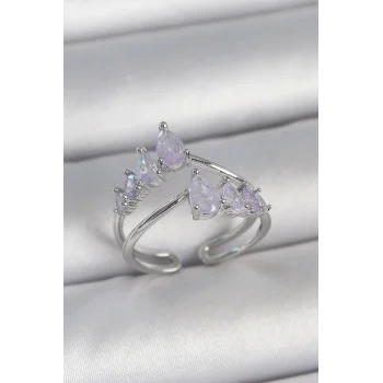 Pirinç Gümüş Renk Mor Damla Zirkon Taşlı Taç Model Kadın Yüzük