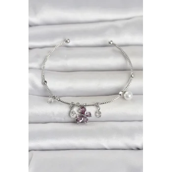 Pirinç Gümüş Renk Mor Kelebek Detaylı Charmlı Kadın Bileklik