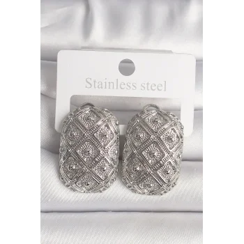 Pirinç Gümüş Renk Motif İşlemeli Kadın Küpe