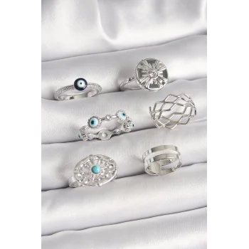 Pirinç Gümüş Renk Nazar Boncuk Zirkon Taş Detaylı Dalga Figür Kadın Yüzük Kombini