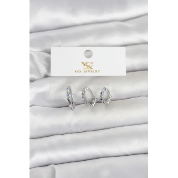 Pirinç Gümüş Renk Nazarlı Model 3lü Kadın Küpe