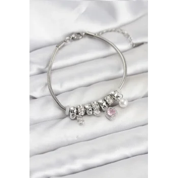 Pirinç Gümüş Renk Pembe Kalp Charmlı Kadın Bileklik