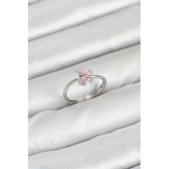 Pirinç Gümüş Renk Pembe Kelebek Kadın Yüzük