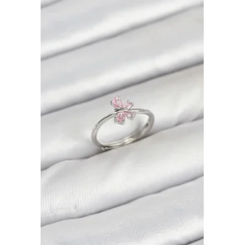 Pirinç Gümüş Renk Pembe Kelebek Kadın Yüzük