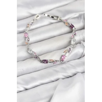 Pirinç Gümüş Renk Pembe ve Mor Zirkon Taşlı Çiçek Model Kadın Bileklik