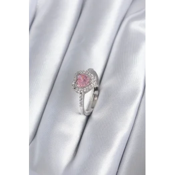 Pirinç Gümüş Renk Pembe Zirkon Taş Kalp Charm Model Kadın Yüzük