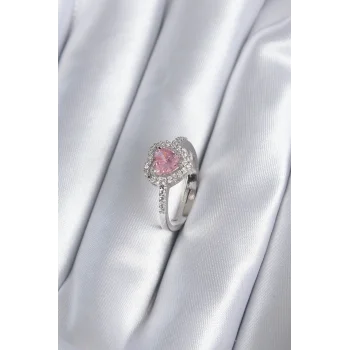 Pirinç Gümüş Renk Pembe Zirkon Taş Kalp Charm Model Kadın Yüzük