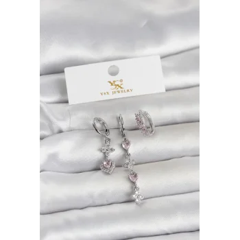 Pirinç Gümüş Renk Pembe Zirkon Taşlı 3lü Kadın Küpe