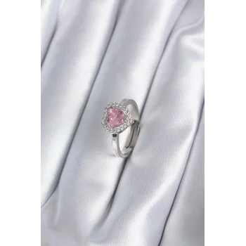 Pirinç Gümüş Renk Pembe Zirkon Taşlı Charm Model Kadın Yüzük
