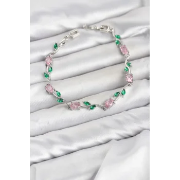 Pirinç Gümüş Renk Pembe Zirkon Taşlı Çiçek Model Kadın Bileklik