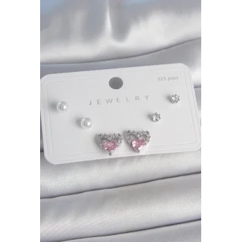 Pirinç Gümüş Renk Pembe Zirkon Taşlı Kalp Model İnci Detay 925 Ayar Gümüş Çivi Kadın Küpe Seti