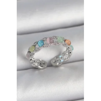 Pirinç Gümüş Renk Renkli Mineli Ayarlanabilir Kadın Yüzük