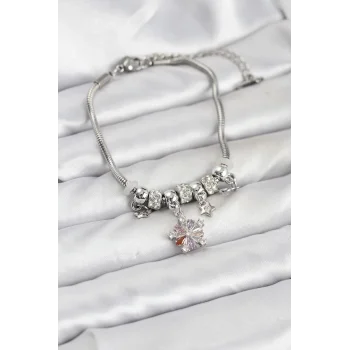 Pirinç Gümüş Renk Renkli Yıldız Charmlı Kadın Bileklik