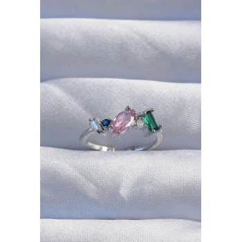 Pirinç Gümüş Renk Renkli Zirkon Taşlı Ayarlanabilir Yüzük