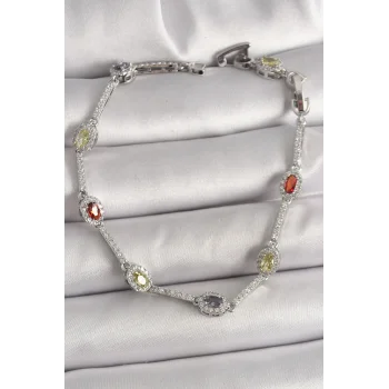 Pirinç Gümüş Renk Renkli Zirkon Taşlı Damla Taş Model Kadın Bileklik