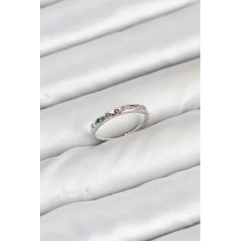 Pirinç Gümüş Renk Renkli Zirkon Taşlı Kadın Yüzük