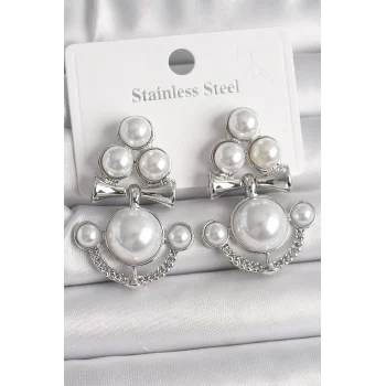 Pirinç Gümüş Renk Sallantı İncili Çapa Model Kadın Küpe