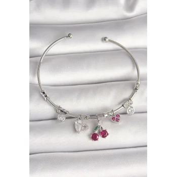 Pirinç Gümüş Renk Sallantı Kiraz Figür Kalp Detay Charm Kadın Bileklik