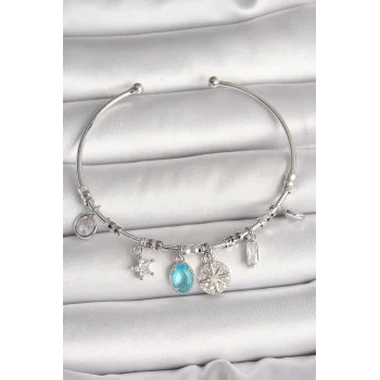 Pirinç Gümüş Renk Sallantı Pusula Figür Kalp Detay Charm Kadın Bileklik