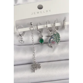 Pirinç Gümüş Renk Sallantı Zirkon Taşlı Ağaç Figür Çoklu Kadın Küpe Seti