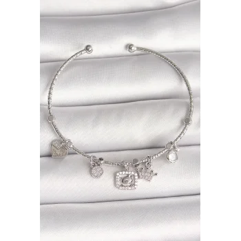 Pirinç Gümüş Renk Sallantı Zirkon Taşlı Ayıcık Figür Taç Detay Charm Kadın Bileklik