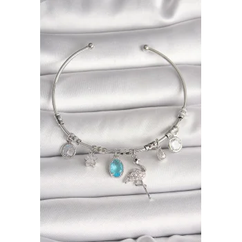 Pirinç Gümüş Renk Sallantı Zirkon Taşlı Filaminga Figür Charm Kadın Bileklik