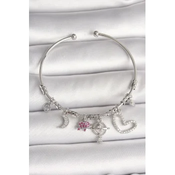 Pirinç Gümüş Renk Sallantı Zirkon Taşlı Gezegen Figür Kalp Detay Charm Kadın Bileklik
