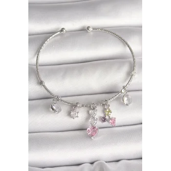 Pirinç Gümüş Renk Sallantı Zirkon Taşlı Kalp Figür Charm Kadın Bileklik