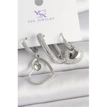 Pirinç Gümüş Renk Sallantı Zirkon Taşlı Kalp Model 3Lü Kadın Kombin Küpe