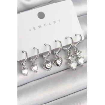 Pirinç Gümüş Renk Sallantı Zirkon Taşlı Kalp Model Taç Detay Kadın Küpe Seti